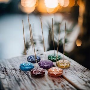 Set of 7 Hand Carved Soapstone Incense Holder Chakra Energy Blue Yellow Green